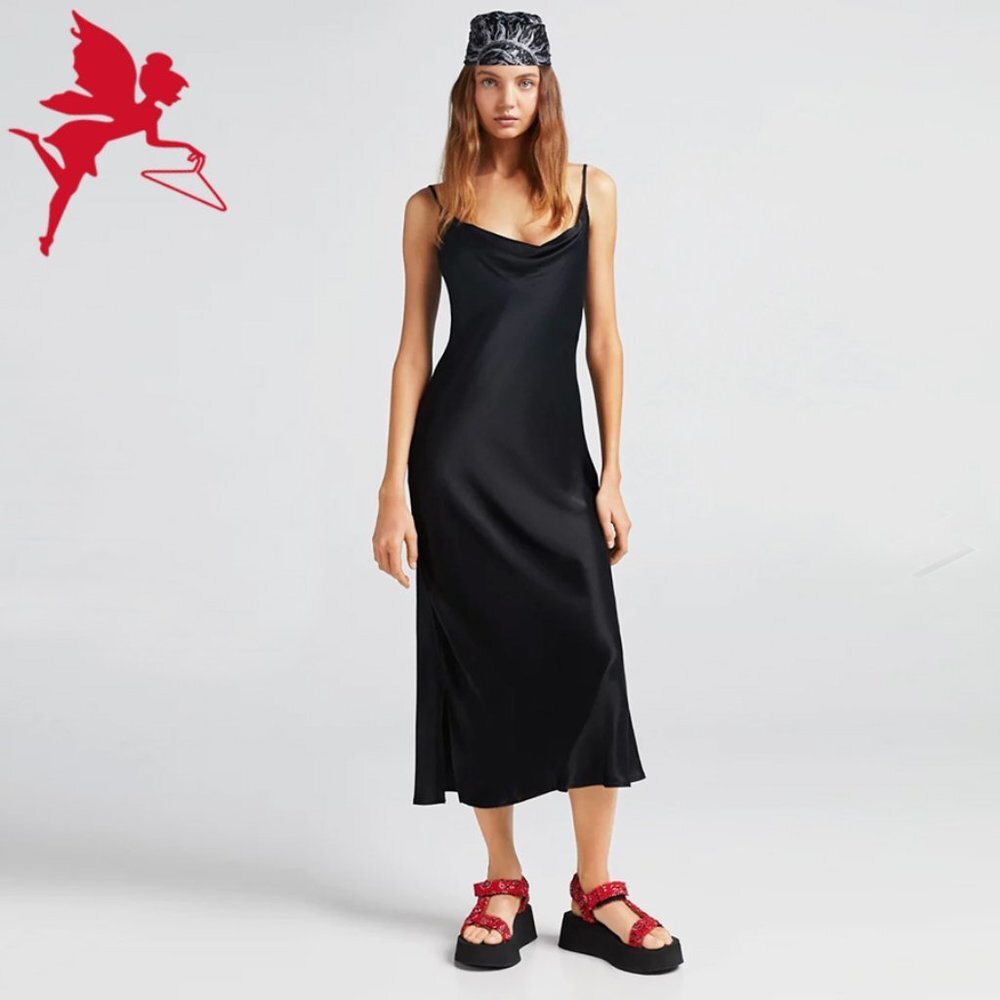 BERSHKA Cowl Neck Satin Midi Slip Dress